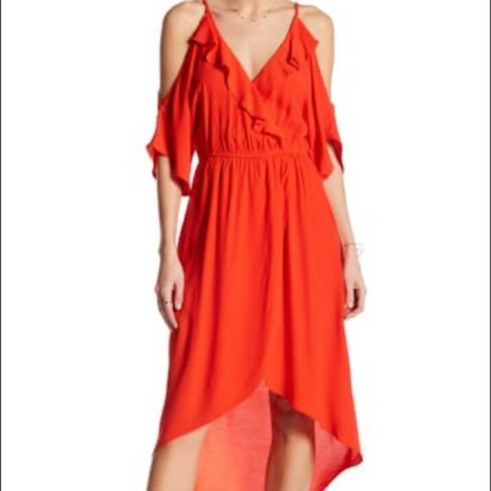 NWT ASTR Cold Shoulder Silk Blend Wrap Midi Dress